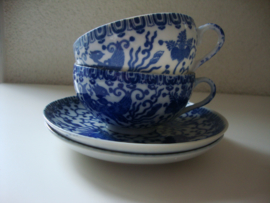 Japanse kop en schotel blauw wit - vogels en bloemen - VERKOCHT