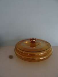 Vintage dekselschaal - glas - amber met goudkleur - VERKOCHT