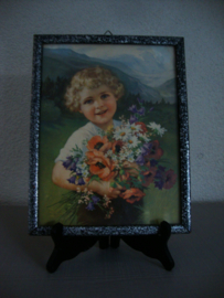 Vintage schilderijtje - meisje met bloemen - VERKOCHT
