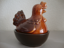 Vintage dekschaaltje kip - bruin aardewerk - VERKOCHT