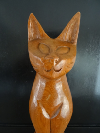 Houten beeld poes kat - vintage - VERKOCHT