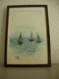 Schilderijtje - aquarel - J. Nap - Vissers - VERKOCHT