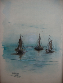 Schilderijtje - aquarel - J. Nap - Vissers - VERKOCHT