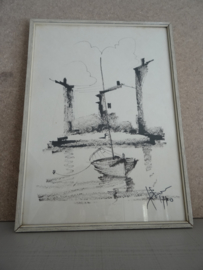 Schilderijtje - prent - tekening - zwart/wit - Joegoslavie