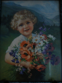 Vintage schilderijtje - meisje met bloemen - VERKOCHT