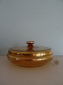 Vintage dekselschaal - glas - amber met goudkleur - VERKOCHT