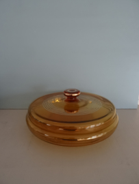 Vintage dekselschaal - glas - amber met goudkleur - VERKOCHT