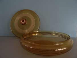 Vintage dekselschaal - glas - amber met goudkleur - VERKOCHT
