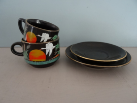 Vintage kop en schotel - zwart - vogel - Chinees -  VERKOCHT