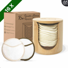 16x witte herbruikbare wattenschijfjes (4 laags) + bamboe houder  - preorder