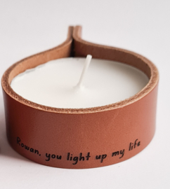 Leren theelichthouder - 'you light up my life' (personaliseerbaar)