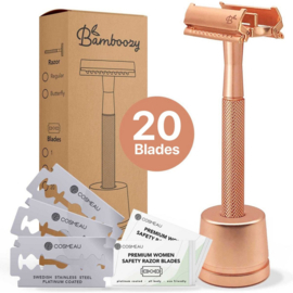 Safety Razor Rosé Goud met Vlindersluiting - incl. houder + 20x Platinum Scheermesjes- preorder
