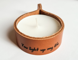 Leren theelichthouder - 'you light up my life' (personaliseerbaar)