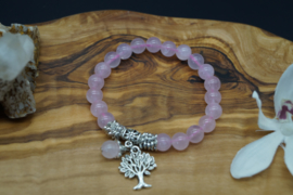 bracelet with rose quartz beads and tree of live charm