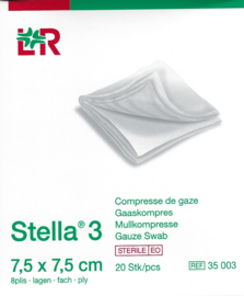 Stella 3 Gaaskompress 8PLY 7,5x7,5cm STERIEL (individueel verpakt) /20st