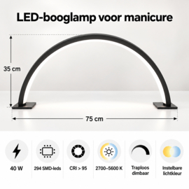 LED-booglamp manicure zwart 75 cm – dimbaar werklicht van 40 W