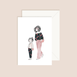Mum and daughter with glasses and pink handbag