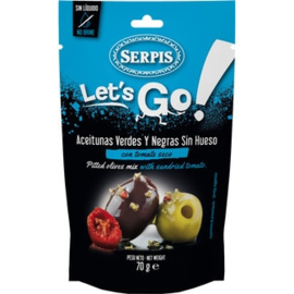 Serpis Let's go aceitunas verdes y negras sin hueso con tomate seco 70g