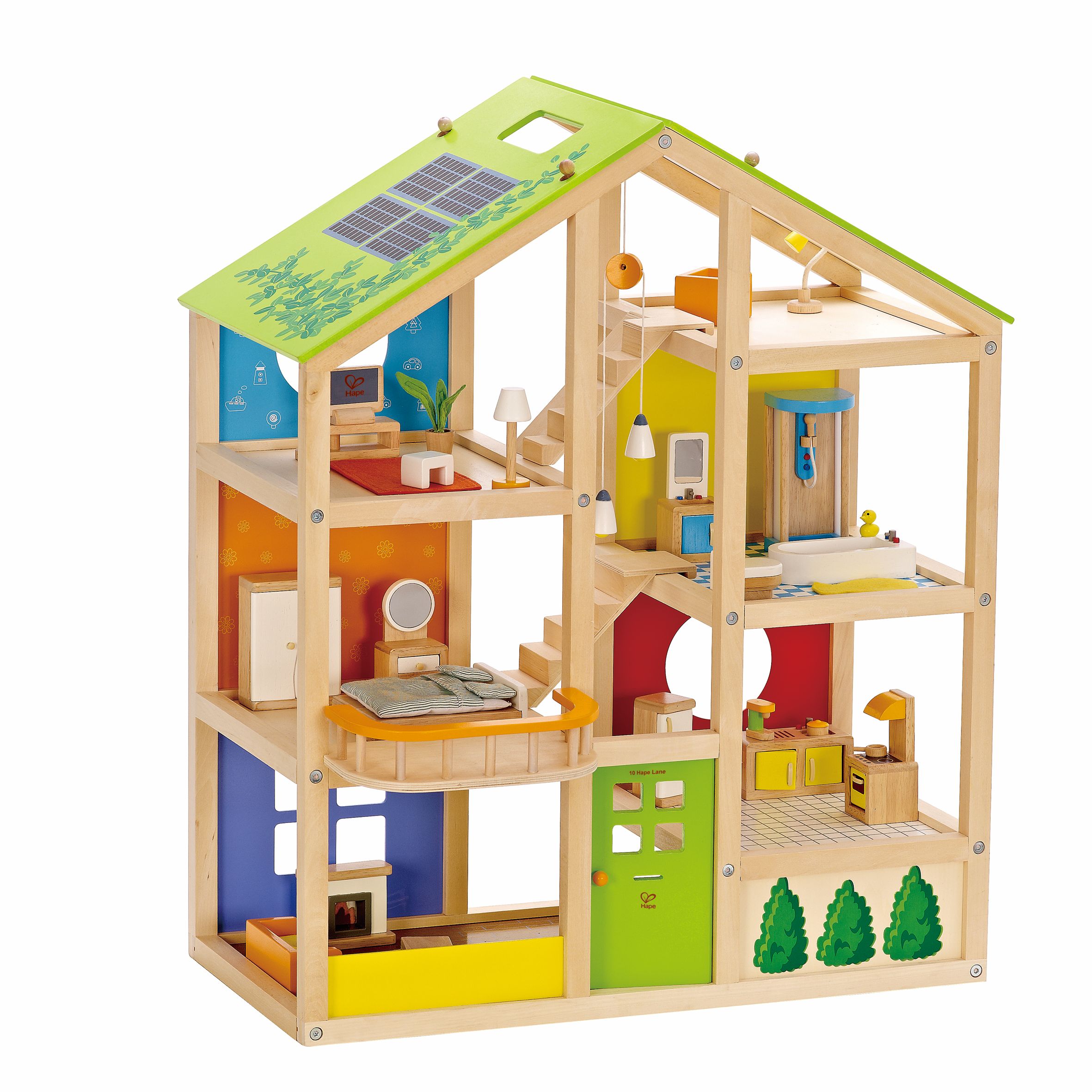 Hape poppenhuis 4 seizoenen gemeubileerd