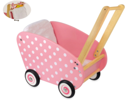 Houten poppenwagen roze met witte stippen I'm Toy