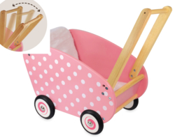 Houten poppenwagen roze met witte stippen I'm Toy