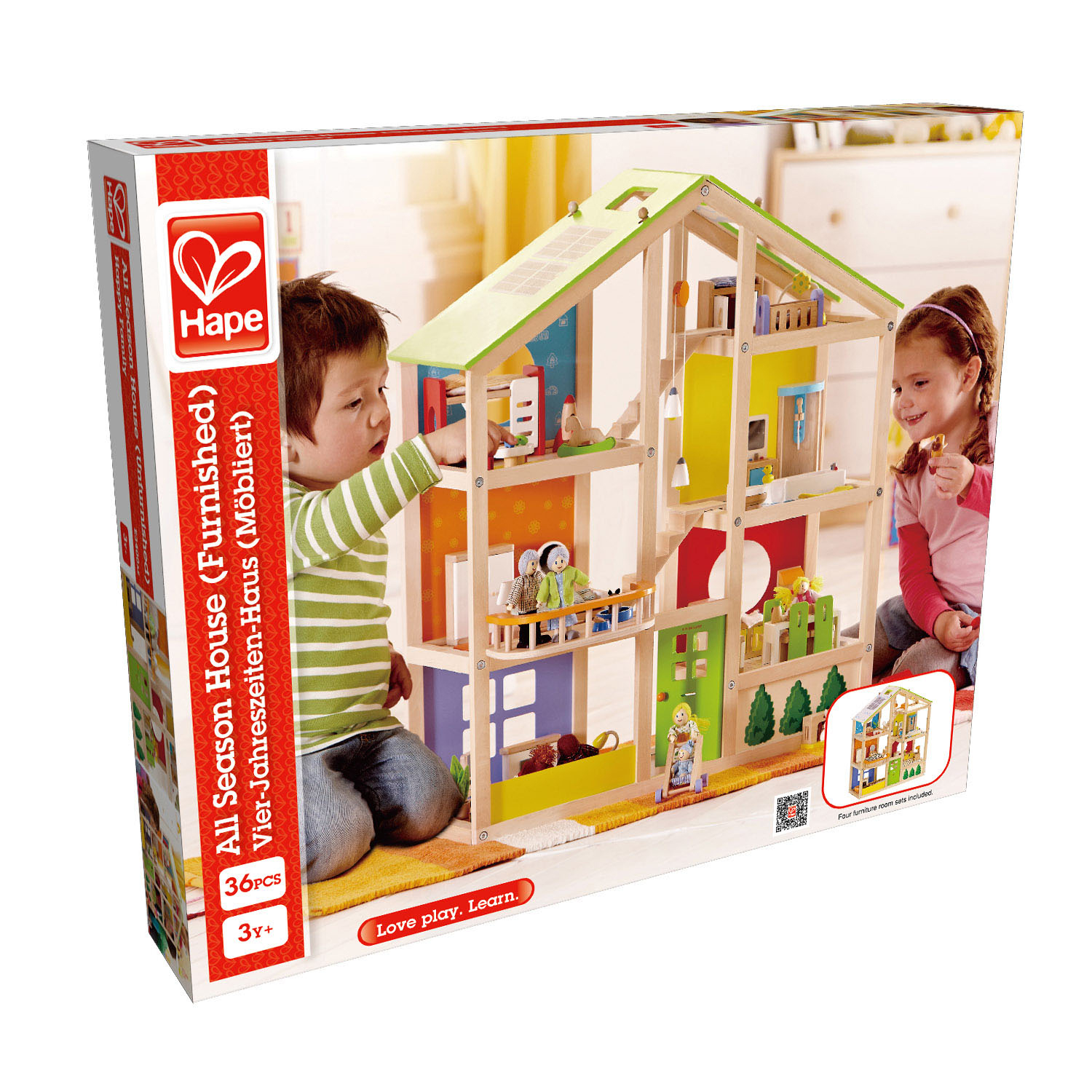 Hape poppenhuis 4 seizoenen gemeubileerd