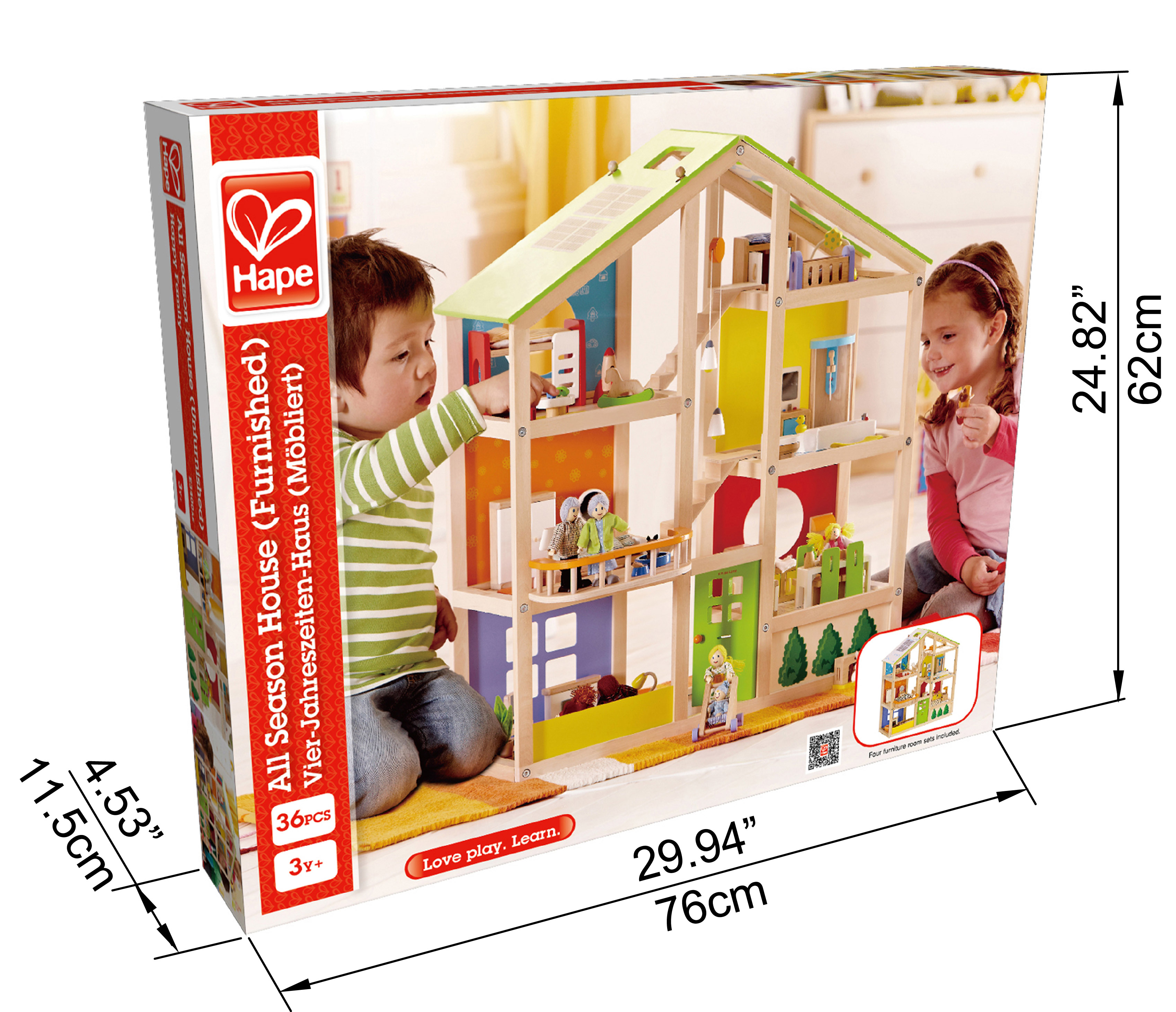 Hape poppenhuis 4 seizoenen gemeubileerd