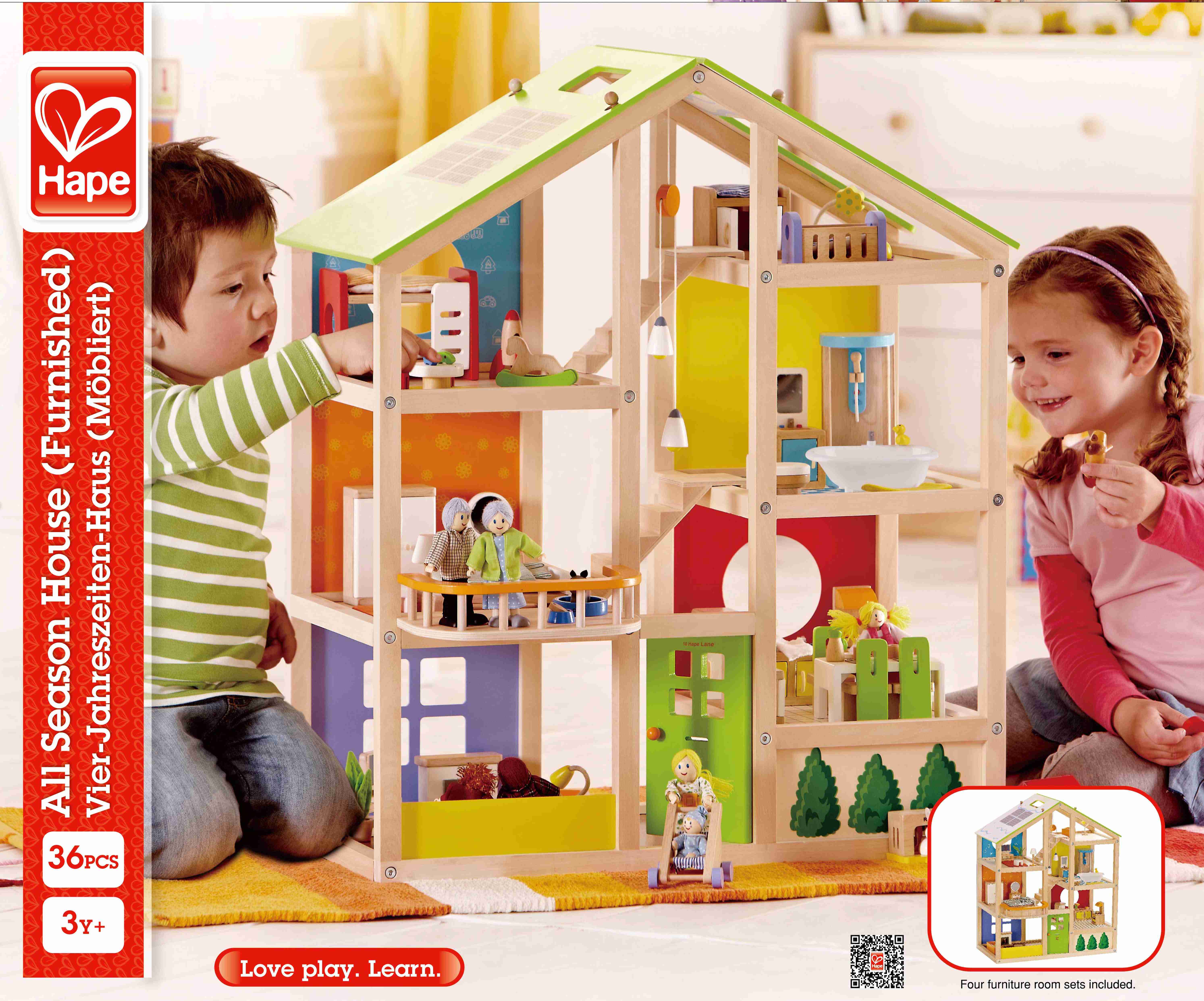 Hape poppenhuis 4 seizoenen gemeubileerd
