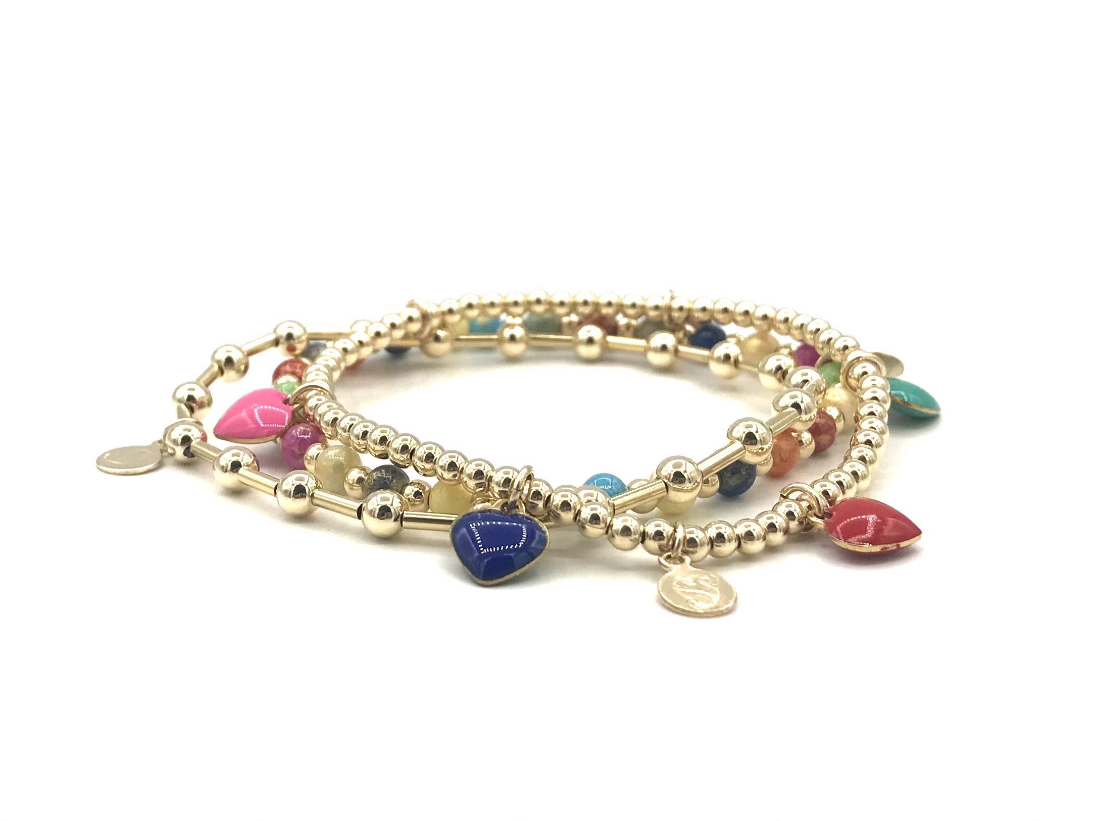 Armband Macy met real gold plated balletjes en gekleurde bedel hartjes