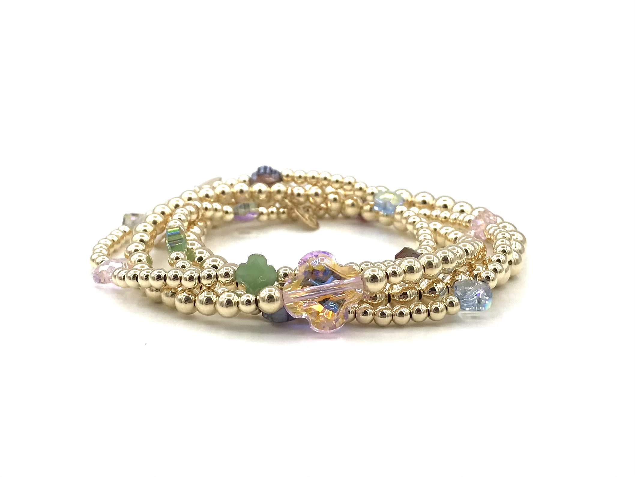 Armband Rabia pink met real gold plated bolletjes en roze klavertje