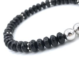 Heren armband Luuk met schijfjes onyx edelsteen en gerhodineerd Sterling zilveren kralen