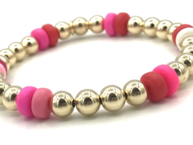 Armband Aimee pink/red met gekleurde wieltjes en real gold plated balletjes
