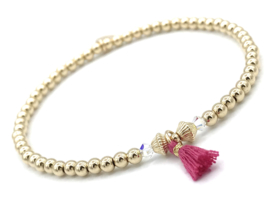 Armband Soof met real gold plated balletjes, Swarovski crystal en roze kwastje