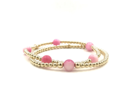 Armband Rachel met roze jade edelsteen en real gold plated balletjes