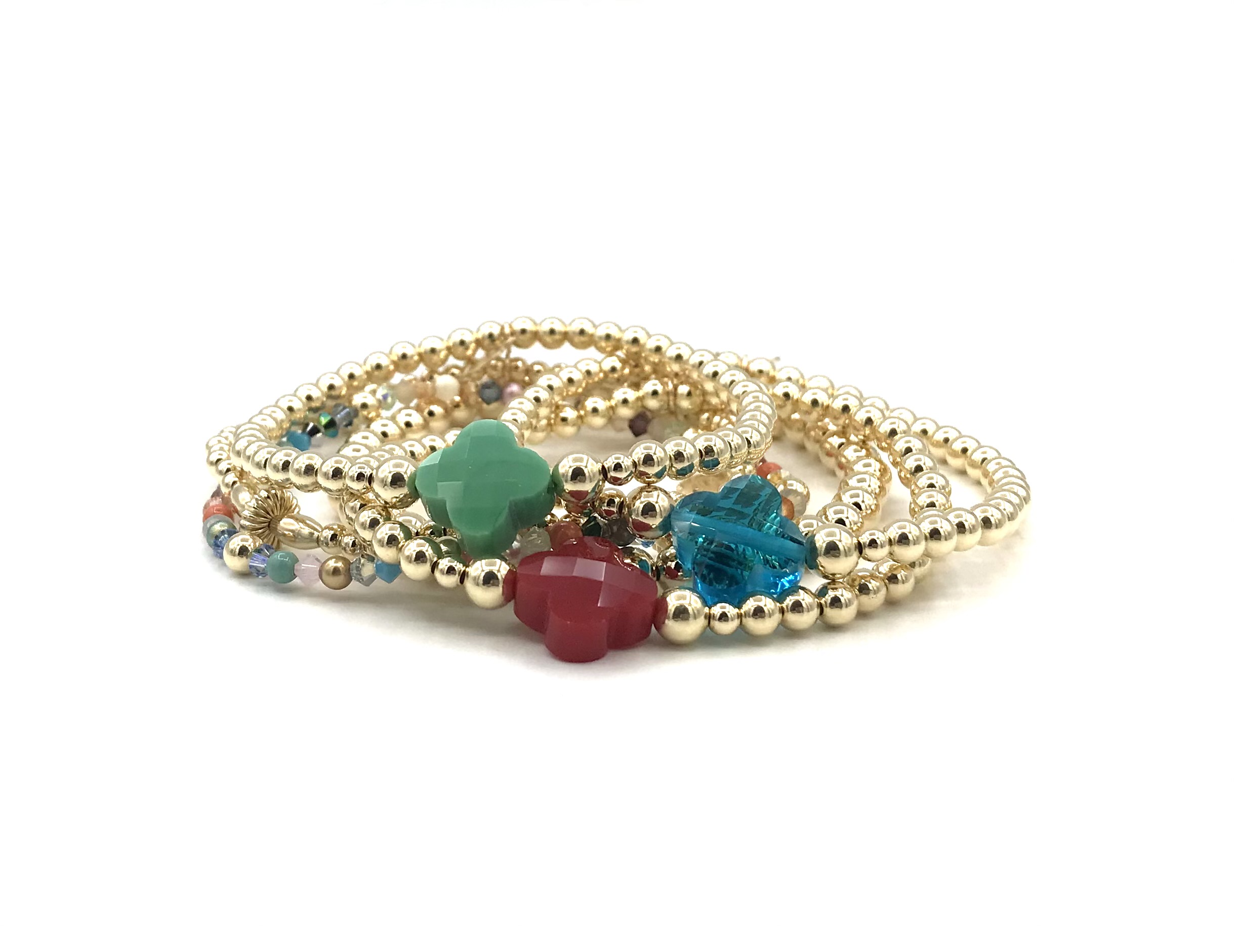Armband Lizzie aqua met goudkleurige real gold plated balletjes en blauw klavertje