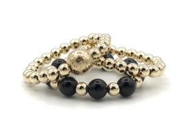 Stretch ring Cato met real gold plated balletjes en zwarte onyx edelsteen