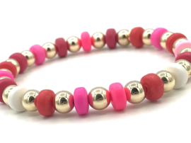 Armband Alisha pink/red  met gekleurde wieltjes en real gold plated balletjes