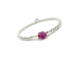 Armband Bloem fuchsia met Swarovski crystal en écht zilveren balletjes