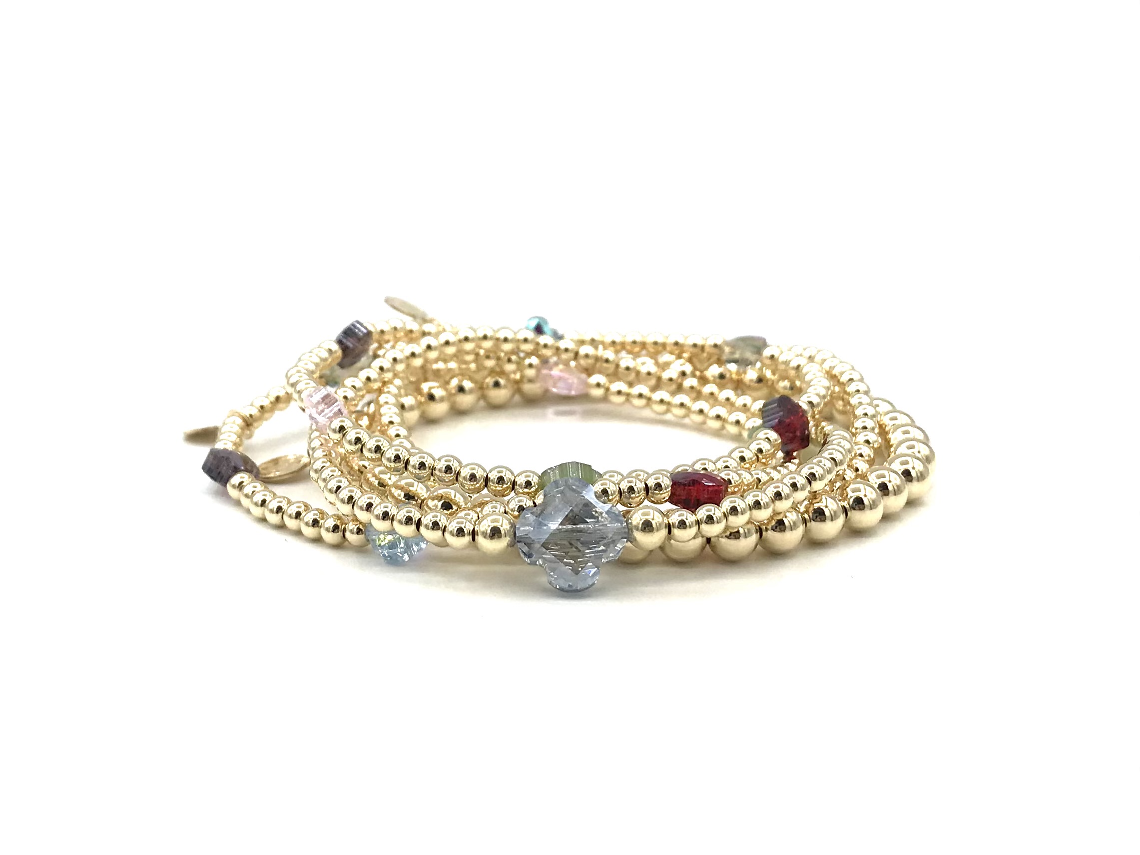 Armband Lobke met real gold plated bolletjes en licht blauw klavertje