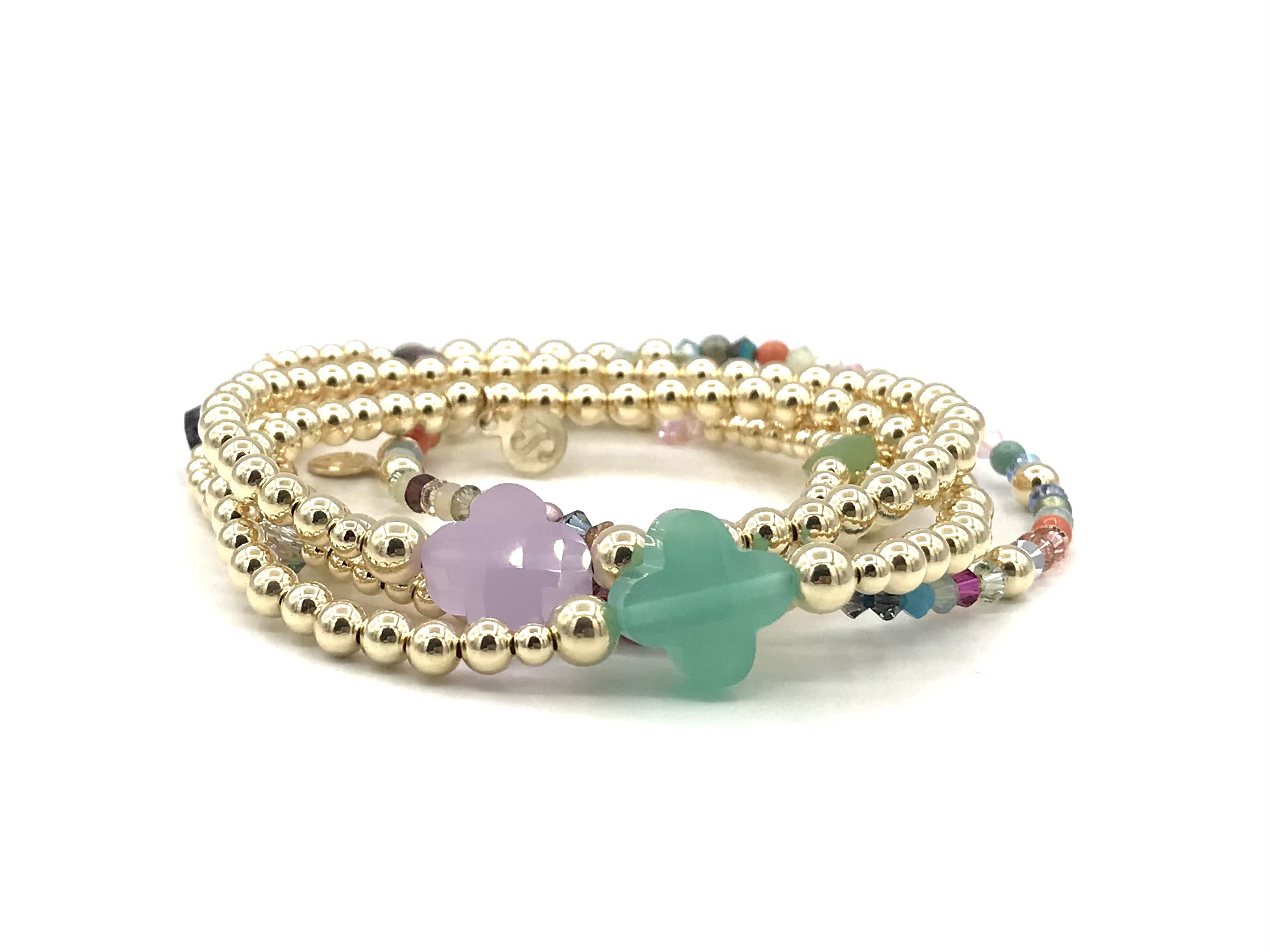 Armband Lizzie light green met goudkleurige real gold plated balletjes en groen klavertje