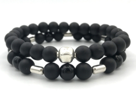 Heren armband Noud met matte en glanzende zwarte onyx en Sterling zilveren staafjes