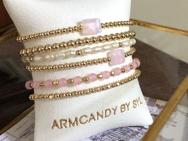 Armband Pink Lady met facet real gold plated balletjes en roze jade  edelsteen