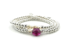 Armband Bloem fuchsia met Swarovski crystal en écht zilveren balletjes