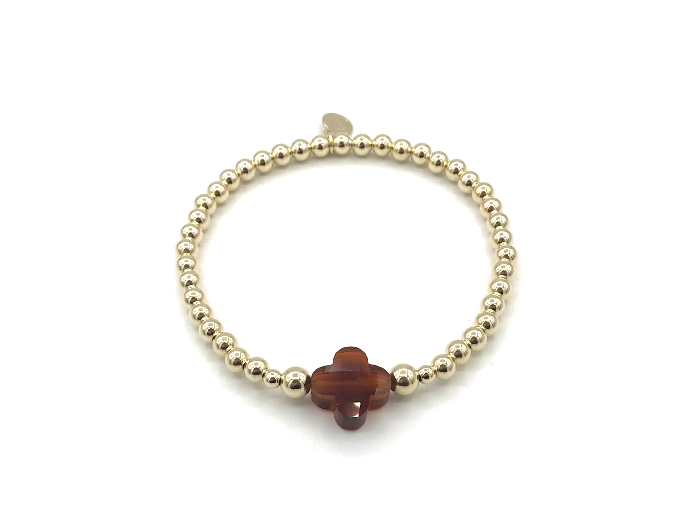 Armband Lizzie light topaz met real gold plated bolletjes en bruin klavertje