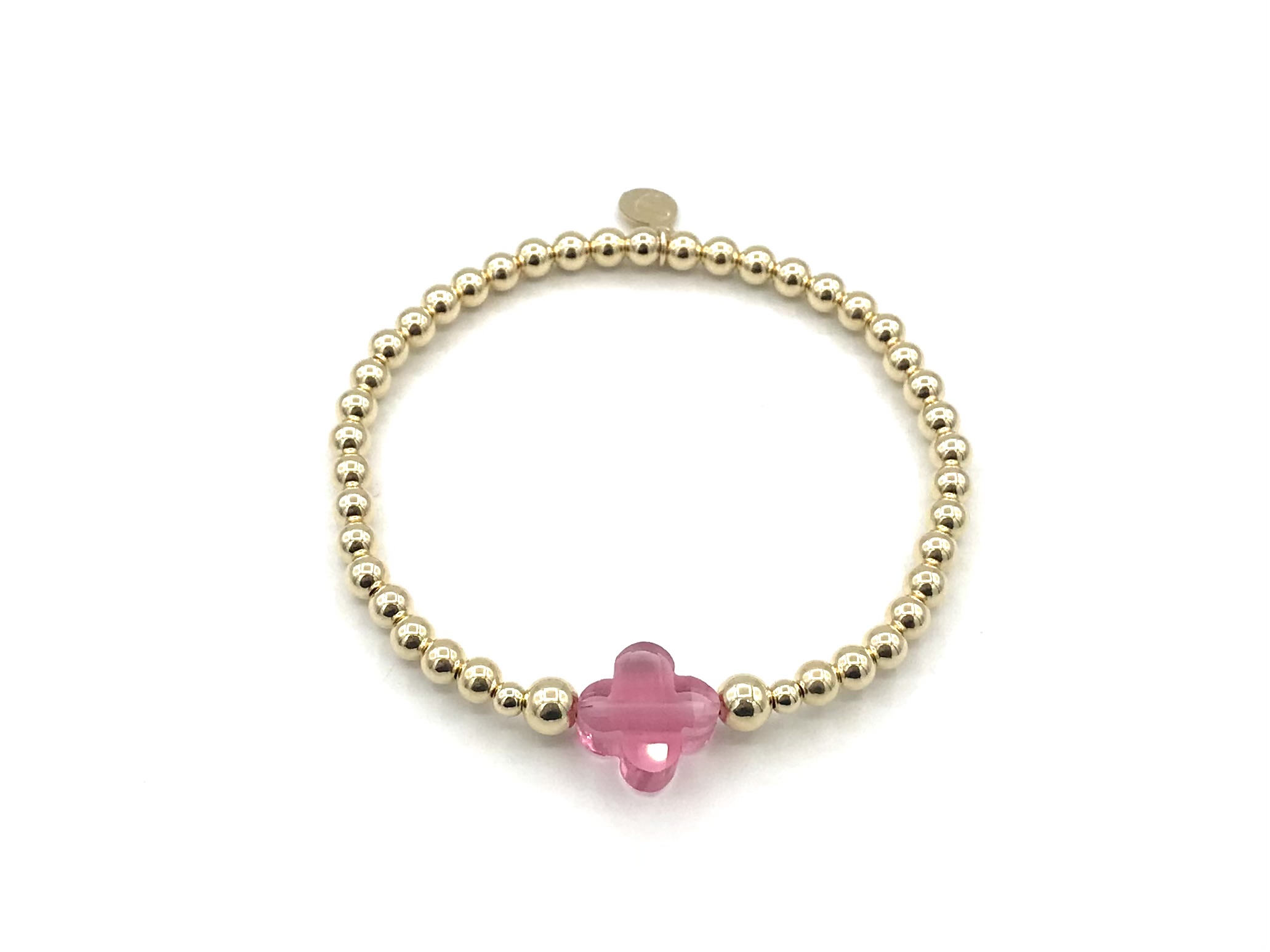 Armband Lizzie pink met goudkleurige real gold plated balletjes en roze klavertje