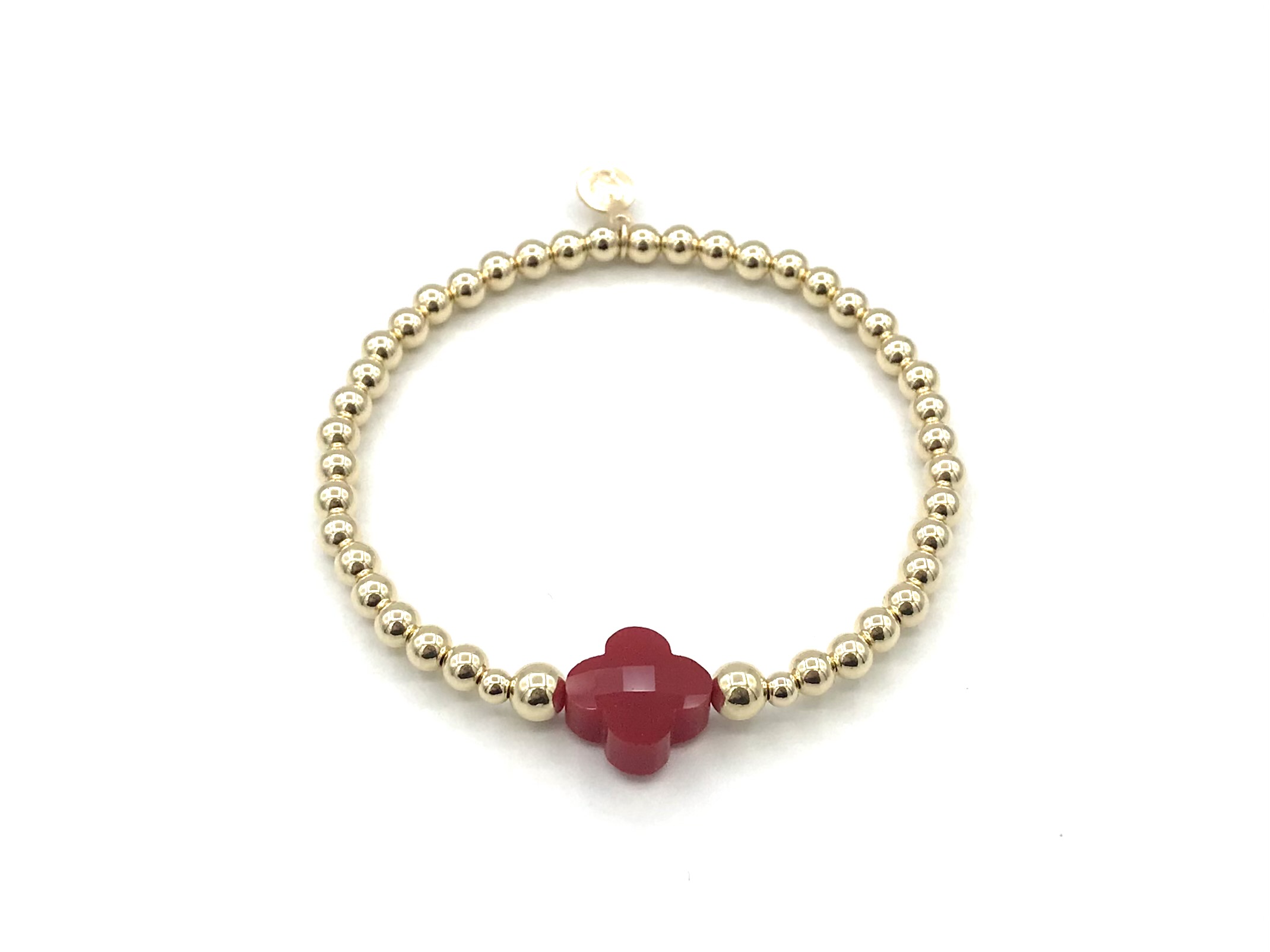 Armband Lizzie red met goudkleurige real gold plated balletjes en rood klavertje