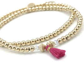 Armband Soof met real gold plated balletjes, Swarovski crystal en roze kwastje