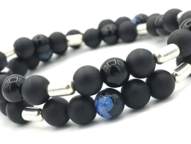 Heren armband Noud met matte en glanzende zwarte onyx en Sterling zilveren staafjes