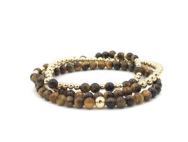 Armband Filou met real gold plated balletjes en bruine tijgeroog edelsteen