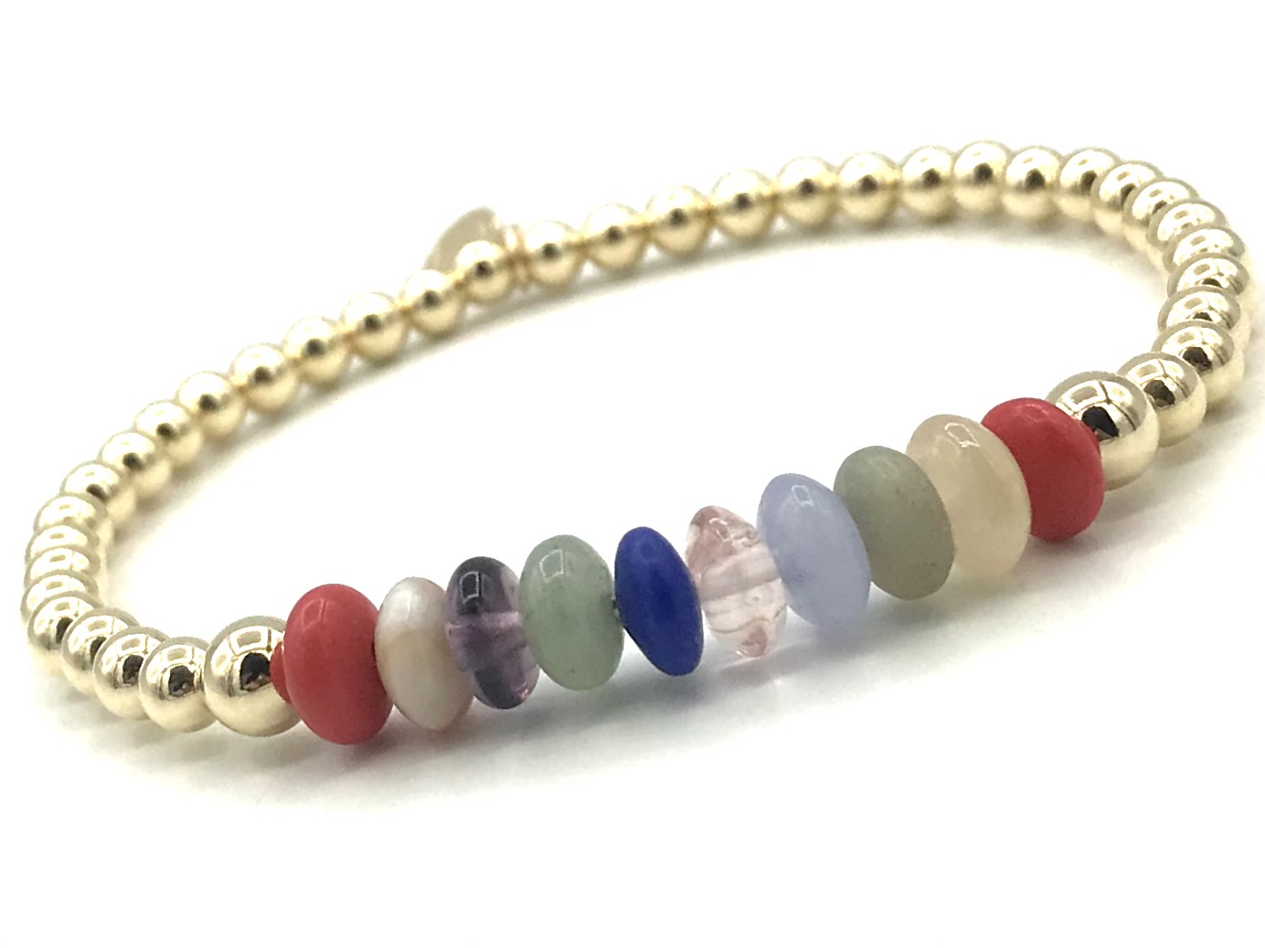 Armband Lonneke met goudkleurige real gold plated balletjes en wieltjes van verschillende edelstenen